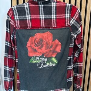 Harley-Davidson Red and Black Plaid flannel Shirt with Rose Design